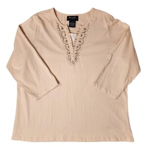 Denim&Co Cream 3/4 Sleeve Blouse with Beaded Embroidery